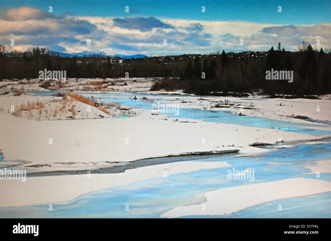 Visit Alberta, Travel Alberta, Winter view, Elbow River, Beautiful Alberta,  Alberta, Canada, near Calgary, artistic design, Canadian Rockies - Smartphone Captured Stock Image