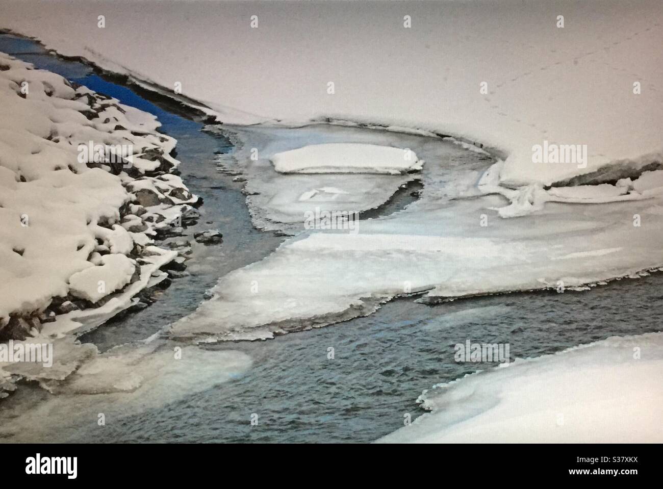 Visit Alberta, Travel Alberta, Winter view, Elbow River, Beautiful Alberta,  Alberta, Canada, near Calgary, artistic design, Canadian Rockies - Smartphone Captured Stock Image