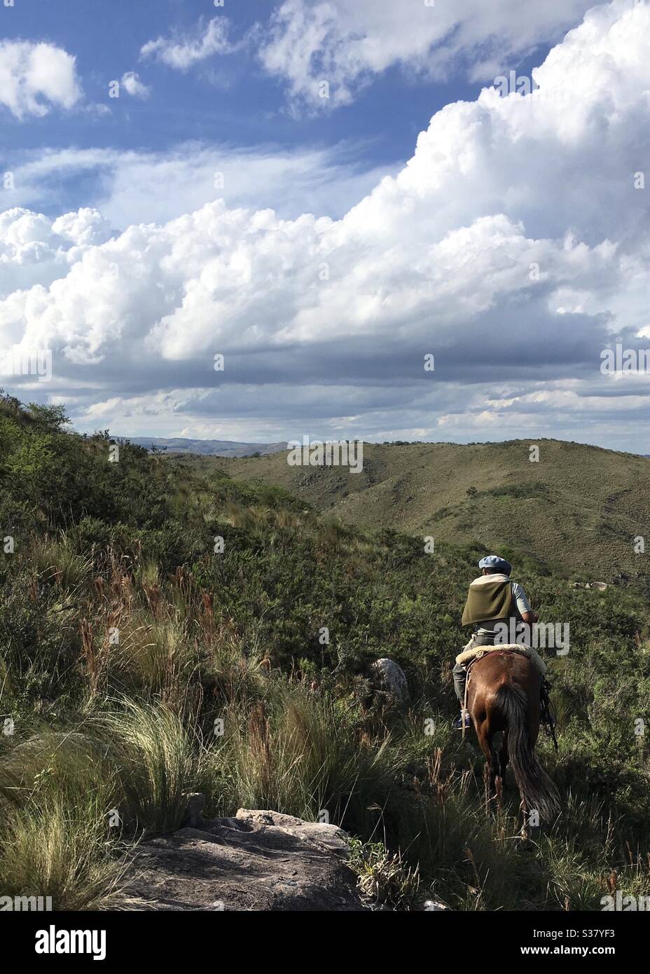 Gaucho riding across estancia in Argentina Stock Photo