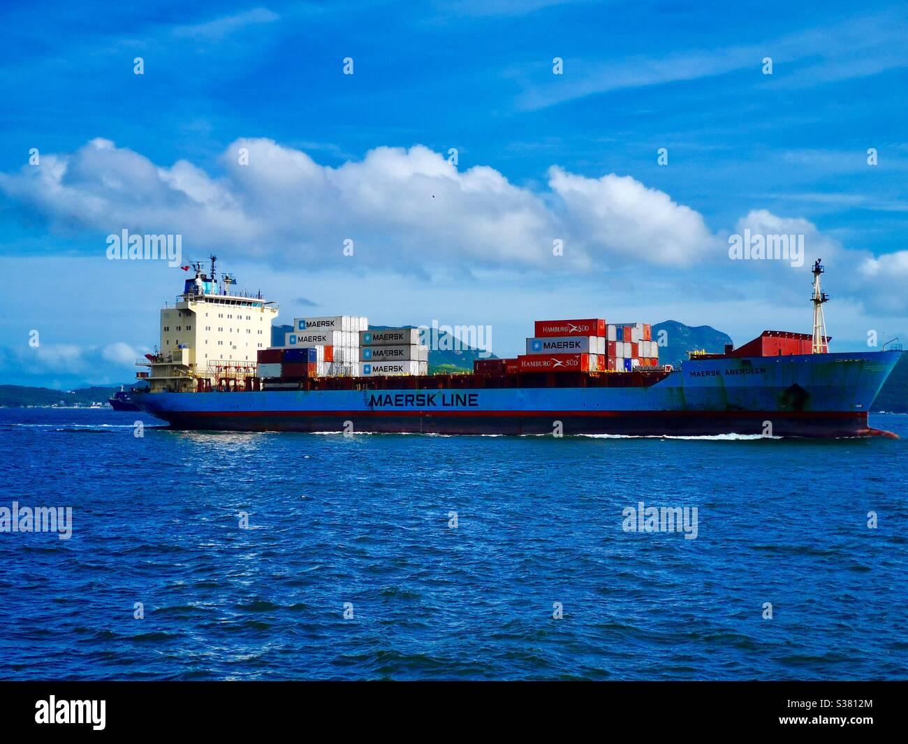MAERSK container ship crossing the east Lamma Channel in Hong Kong. - Smartphone Captured Stock Image