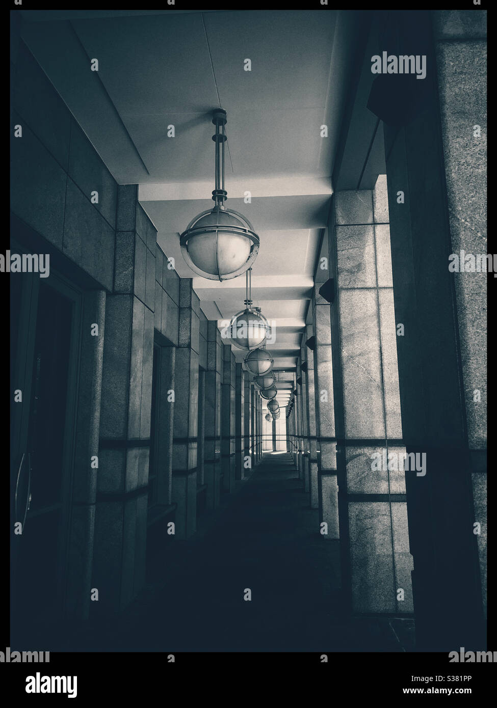 Lights and pillars, black and white photo. - Smartphone Captured Stock Image