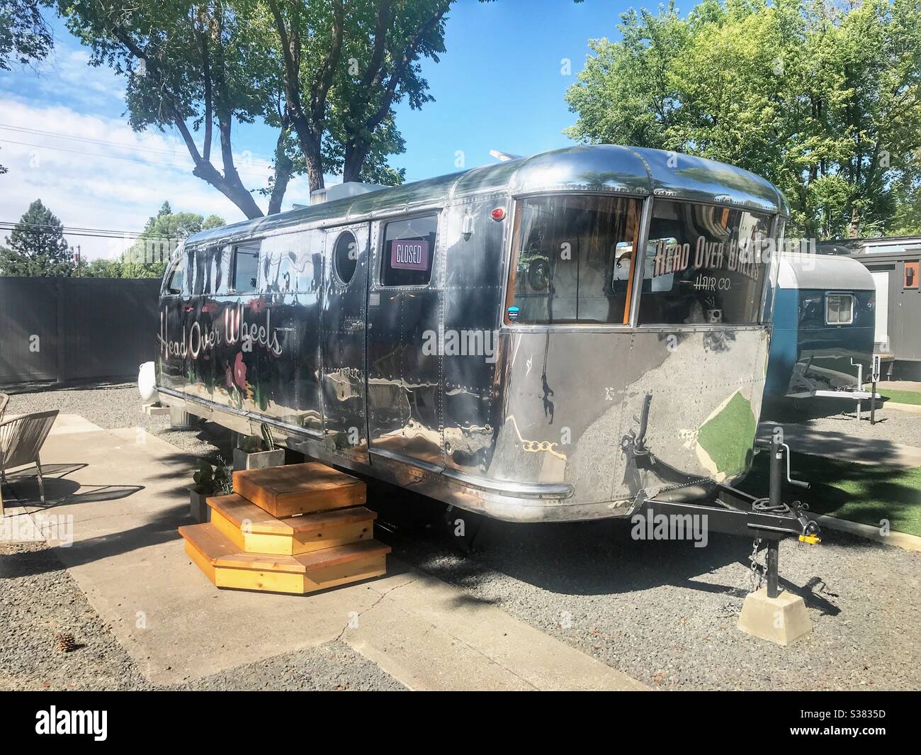 Classic aluminum travel trailer in Bend Oregon Stock Photo Alamy