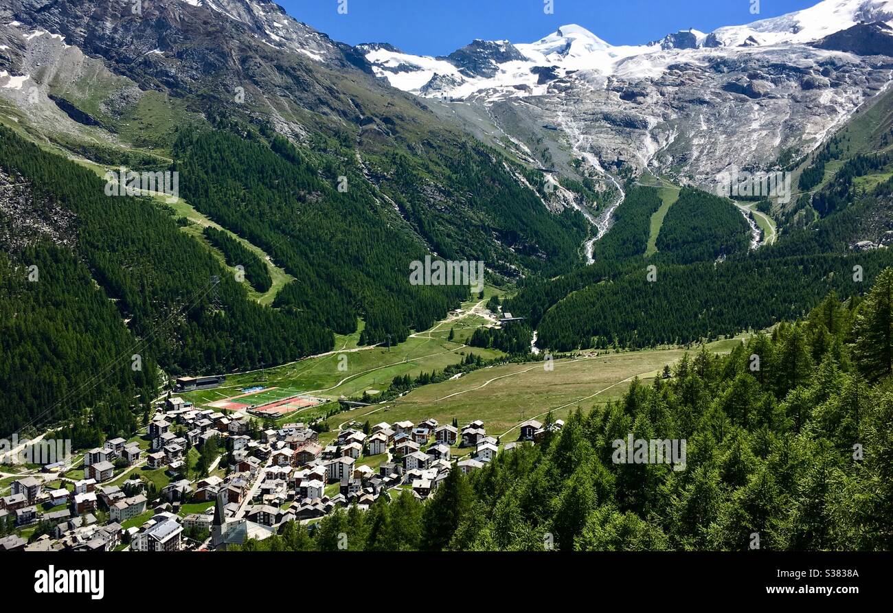 Townsquare Saas Fee with mount Allalinhorn, Valais, Switzerland. Stock Photo