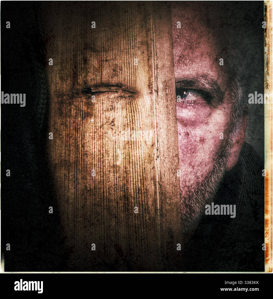Face behind a wooden door - Smartphone Captured Stock Image