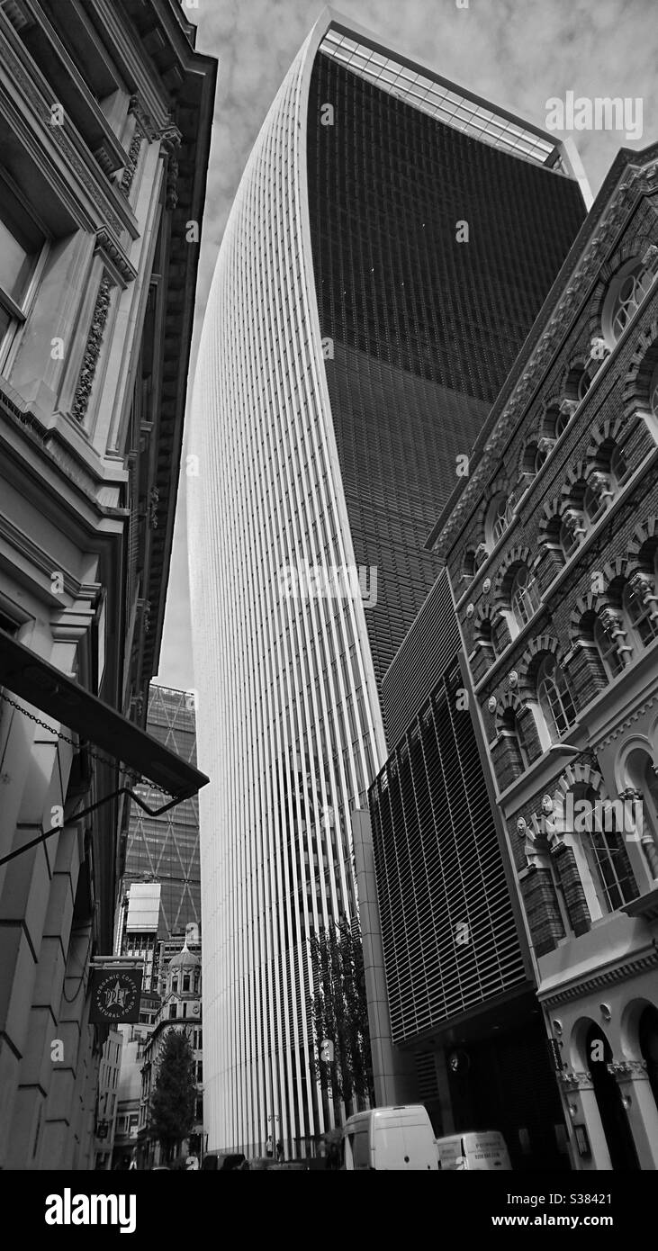 A black and white photograph of the Walkie Talkie skyscraper in London, England. - Smartphone Captured Stock Image