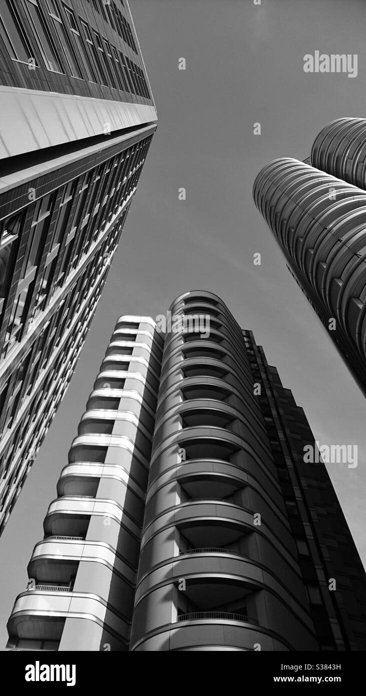 A black and white photograph of skyscraper blocks in London. - Smartphone Captured Stock Image
