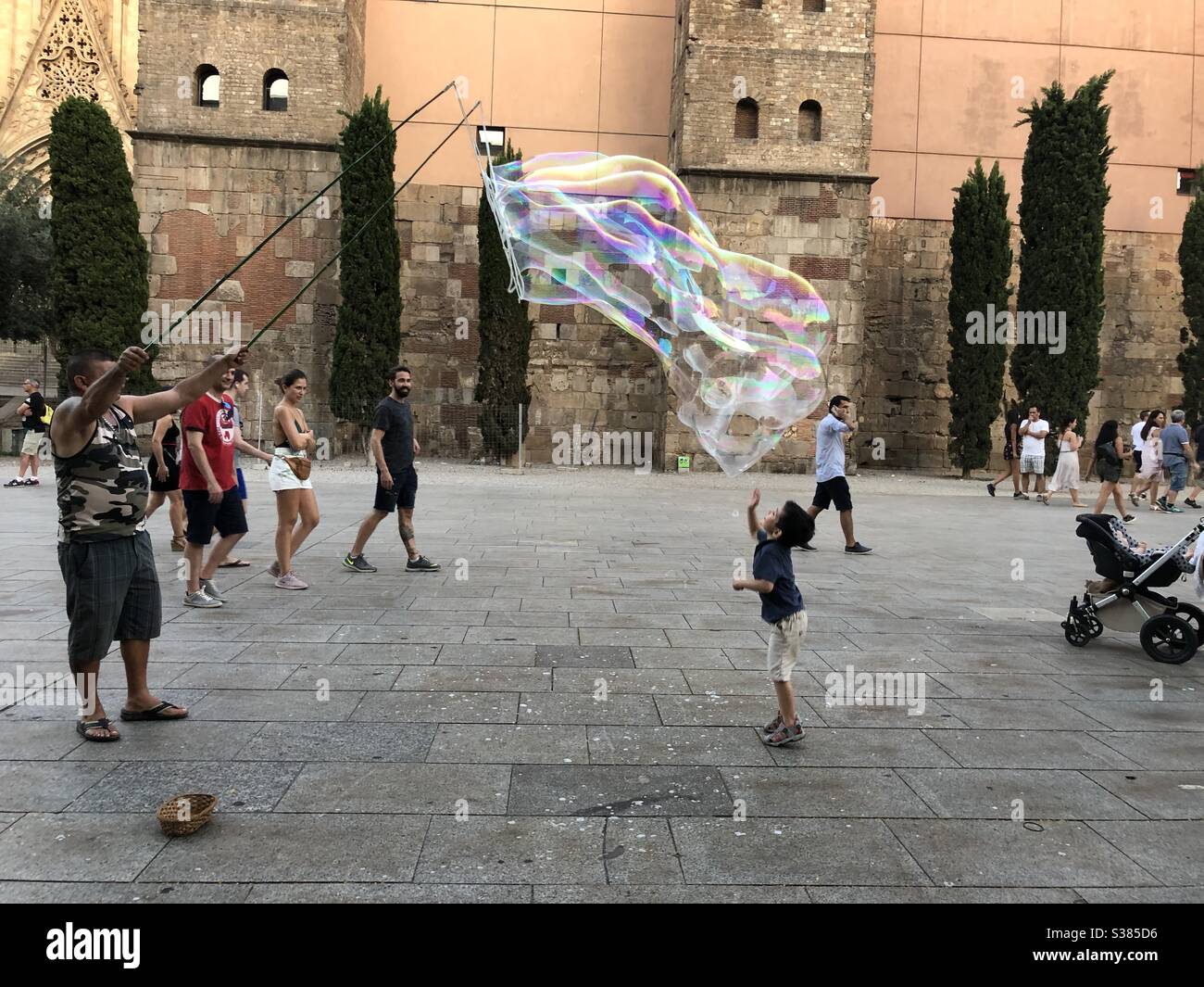 A boy and a large bubble Stock Photo