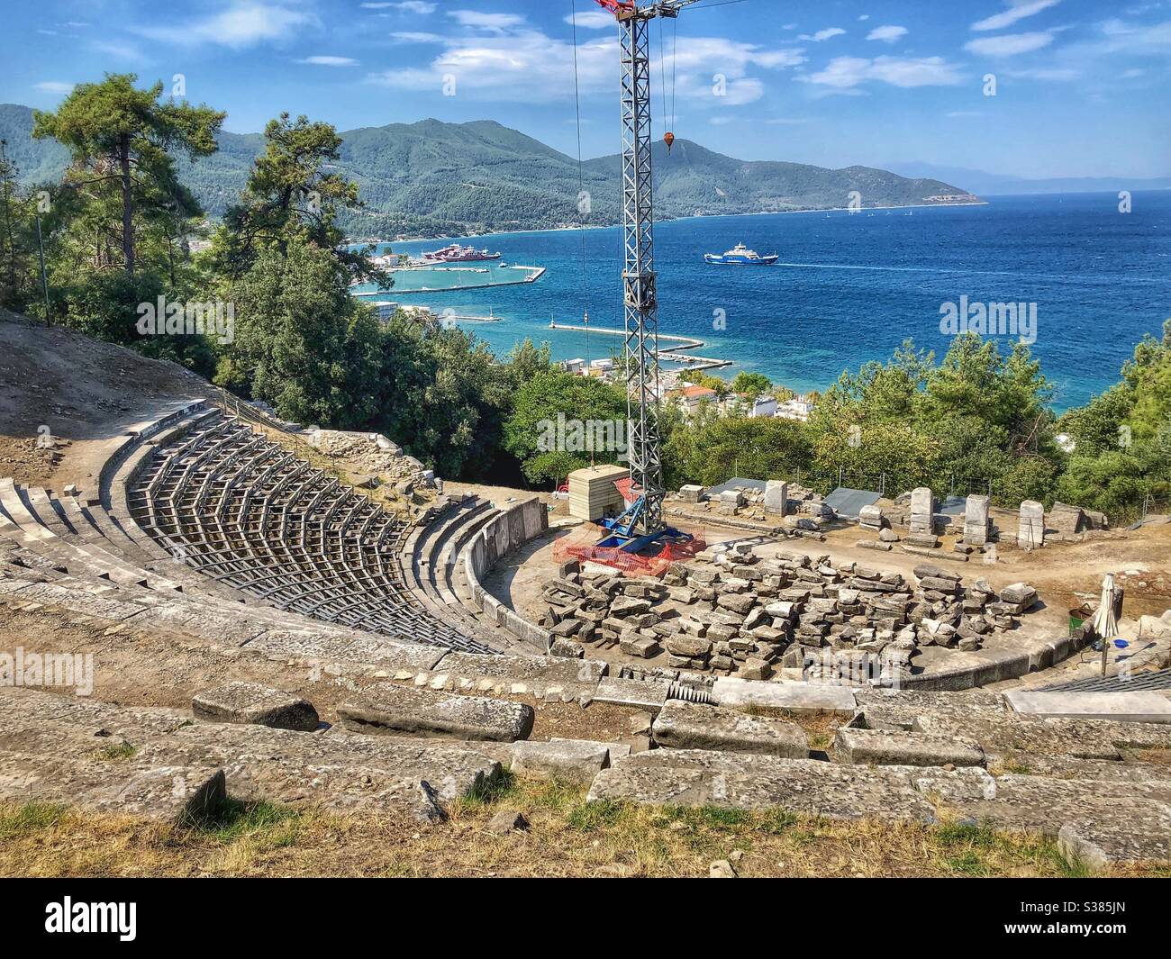 Amphitheater at Acropolis near Limenas, the capital of Thassos island in Greece. Currently under reconstruction. - Smartphone Captured Stock Image
