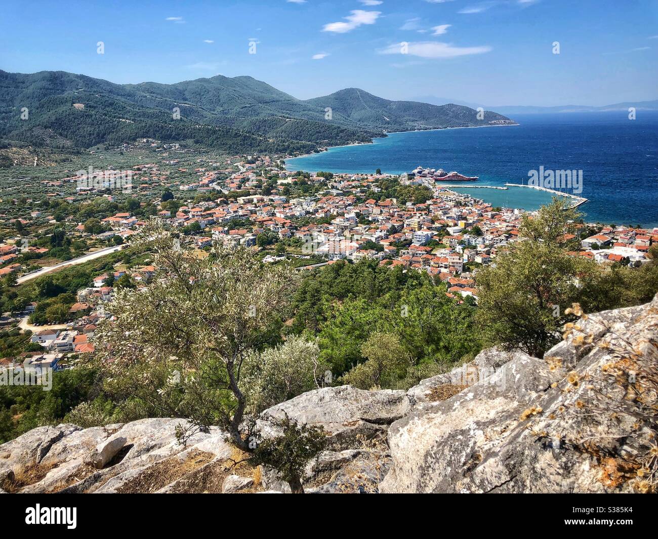 View at the capital of Thassos island Limenas with olive trees in front and green mountains behind. - Smartphone Captured Stock Image
