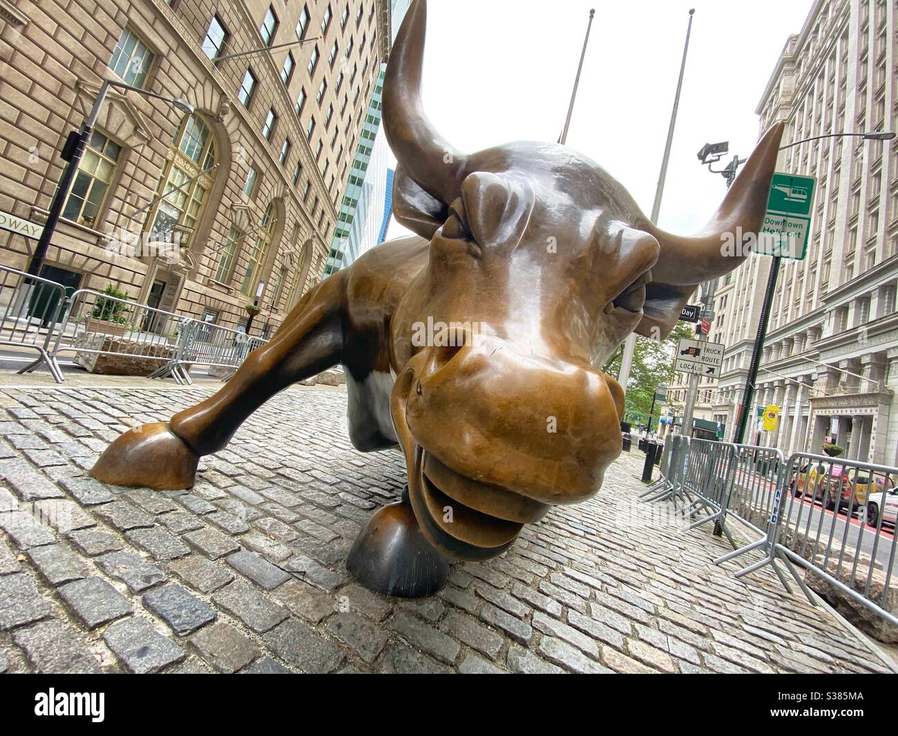 Close up of Wall Street Bull sculpture in lower Manhattan, New York