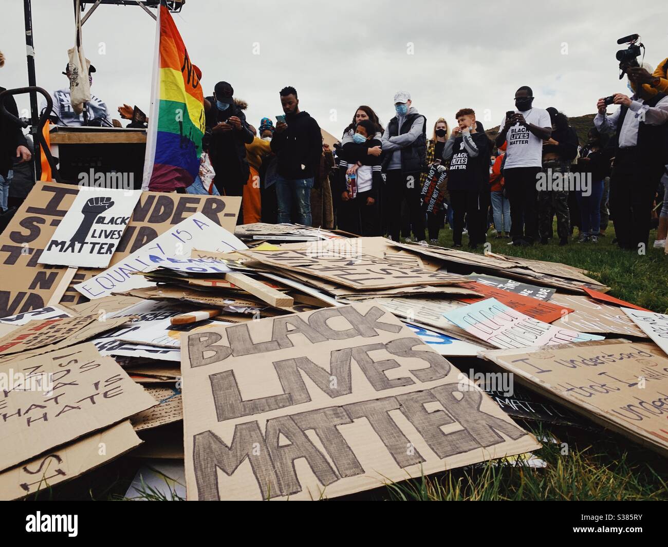 Demonstrators discard their placards at the end of a Black Lives matter rally in Edinburgh Scotland - Smartphone Captured Stock Image