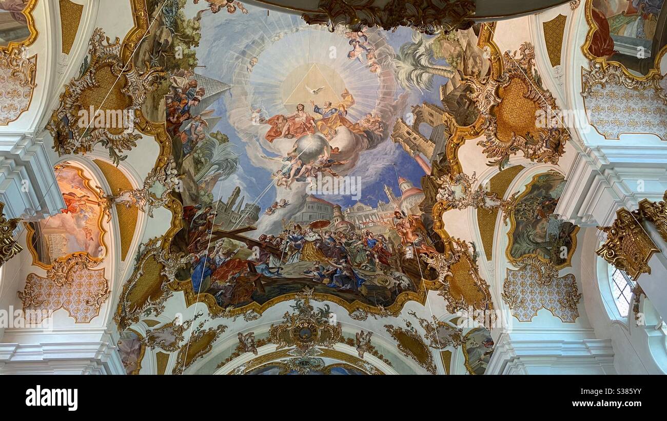 Ceiling fresco of Heilig-Kreuz-Kirche (Church of Saint Cross) built in 18th century in Landsberg am Lech. - Smartphone Captured Stock Image