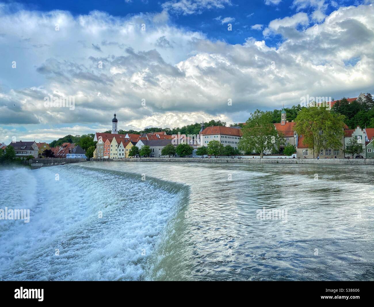 View at Landsberg am Lech with the river Lech in front. - Smartphone Captured Stock Image