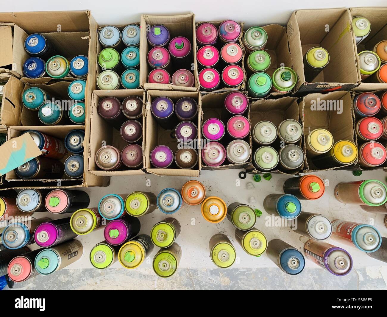 Collection of artist spray paints - Smartphone Captured Stock Image