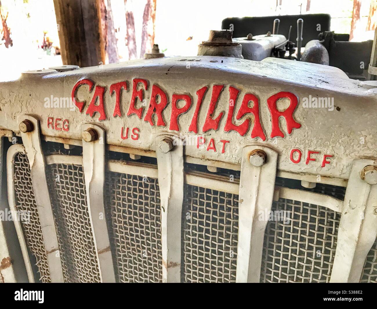 Old Caterpillar tractor used in the logging industry in the Pacific Northwest.  Collier State Park Logging Museum, Oregon USA - Smartphone Captured Stock Image