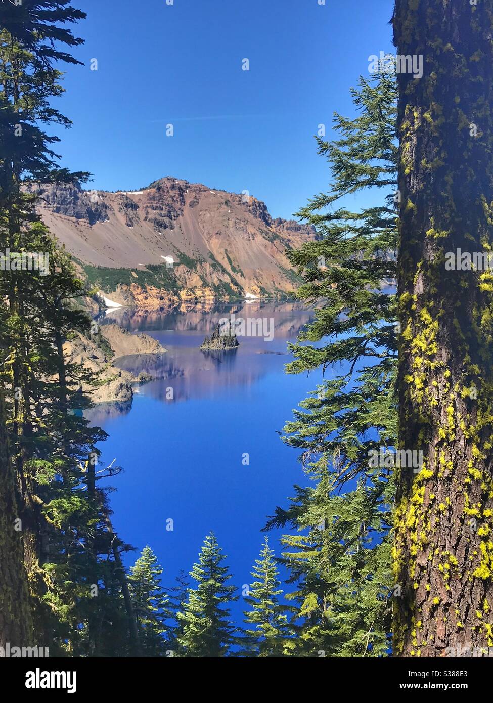 Beautiful Crater Lake, showing the rock formation called Phantom Ship Rocks. - Smartphone Captured Stock Image