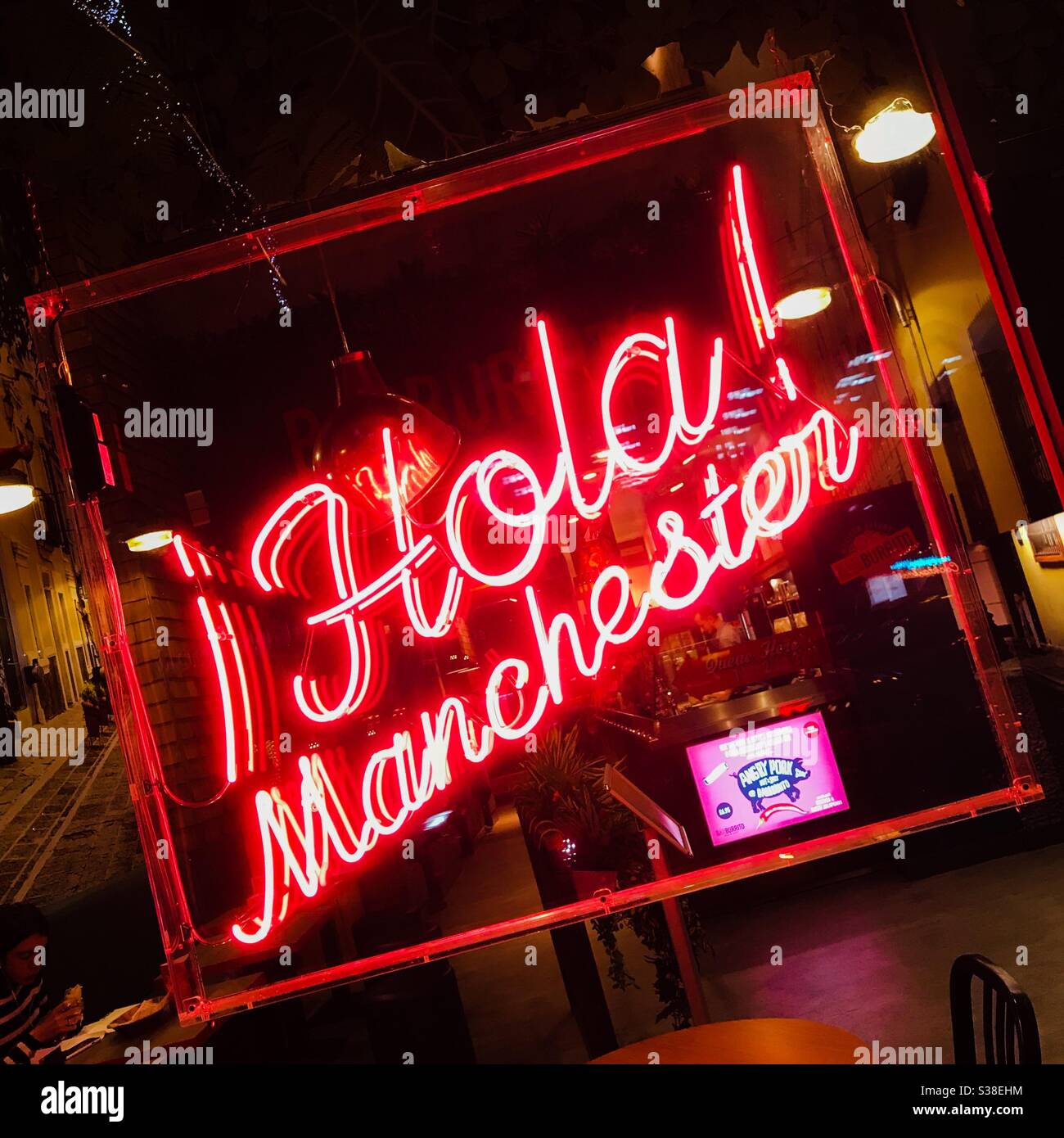 Hola Manchester neon sign Stock Photo