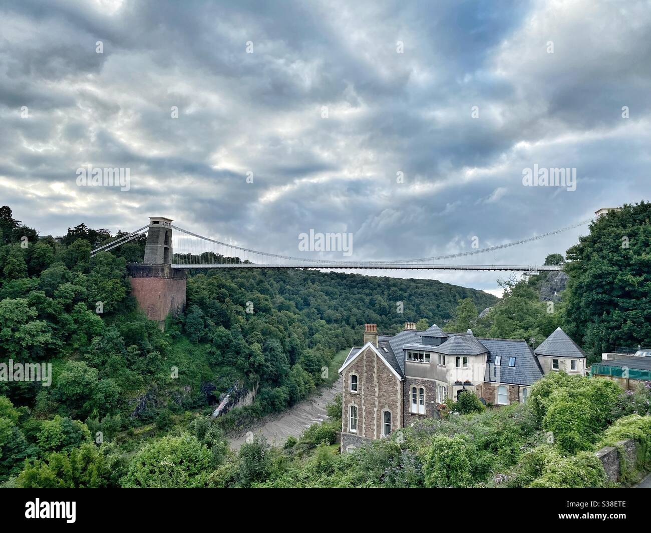 Moody picture of the Clifton Suspension Bridge, Bristol, UK. Taken from the Avon Gorge Hotel. - Smartphone Captured Stock Image