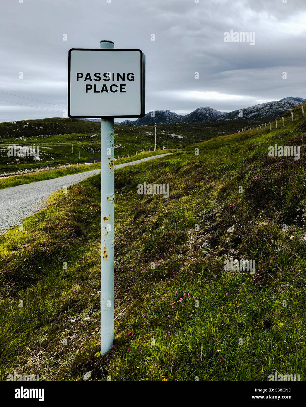 Passing place sign on single track road. Isle of Lewis, Scotland, Outer Hebrides, Scotland, UK. - Smartphone Captured Stock Image