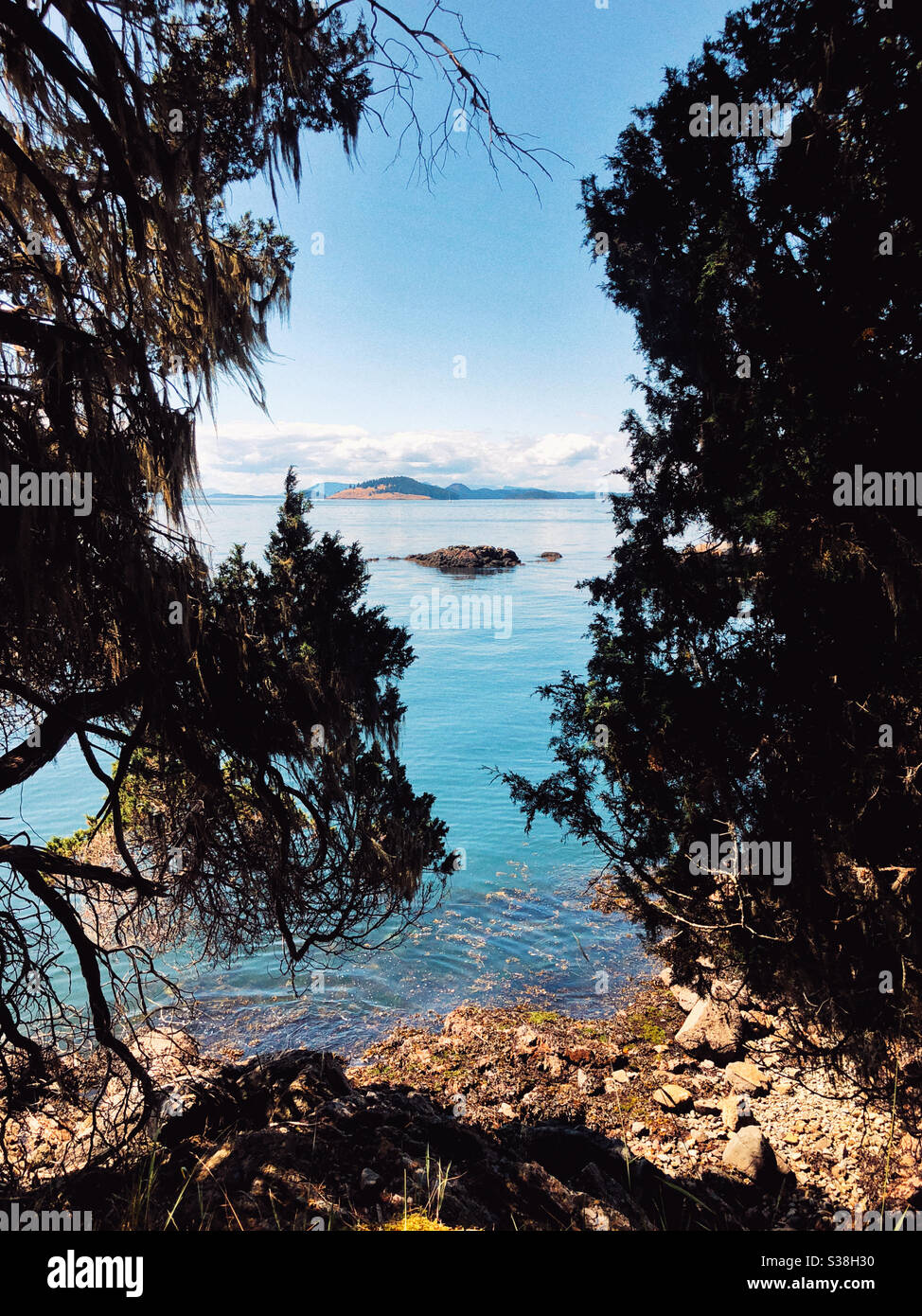 View of Spieden Island from Jones Island in San Juan Islands archipelago - Smartphone Captured Stock Image