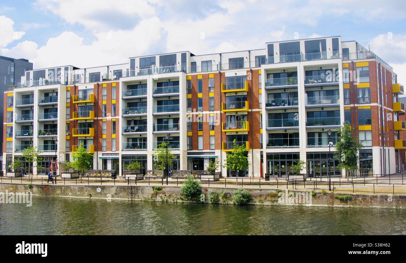 Apartment and Restaurant complex on the Great River Ouse at Riverside Square, Bedford, Bedfordshire, England, UK. - Smartphone Captured Stock Image