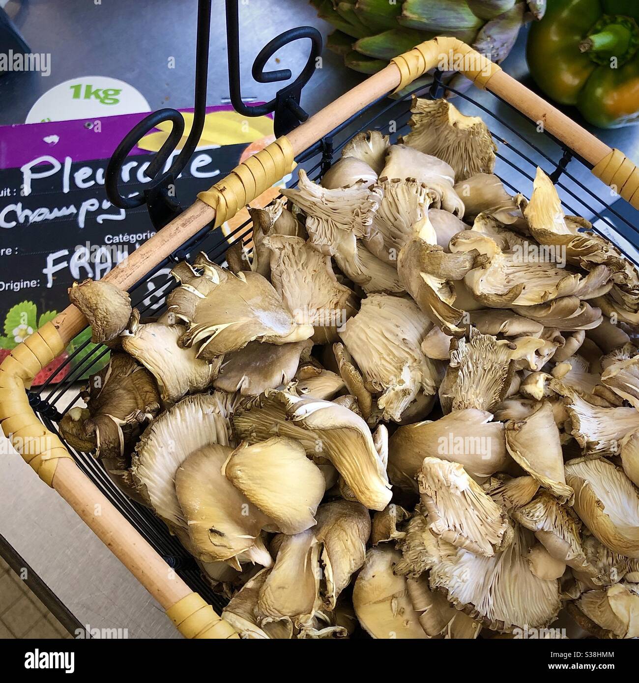 Basket of Pleurotte mushrooms. Stock Photo