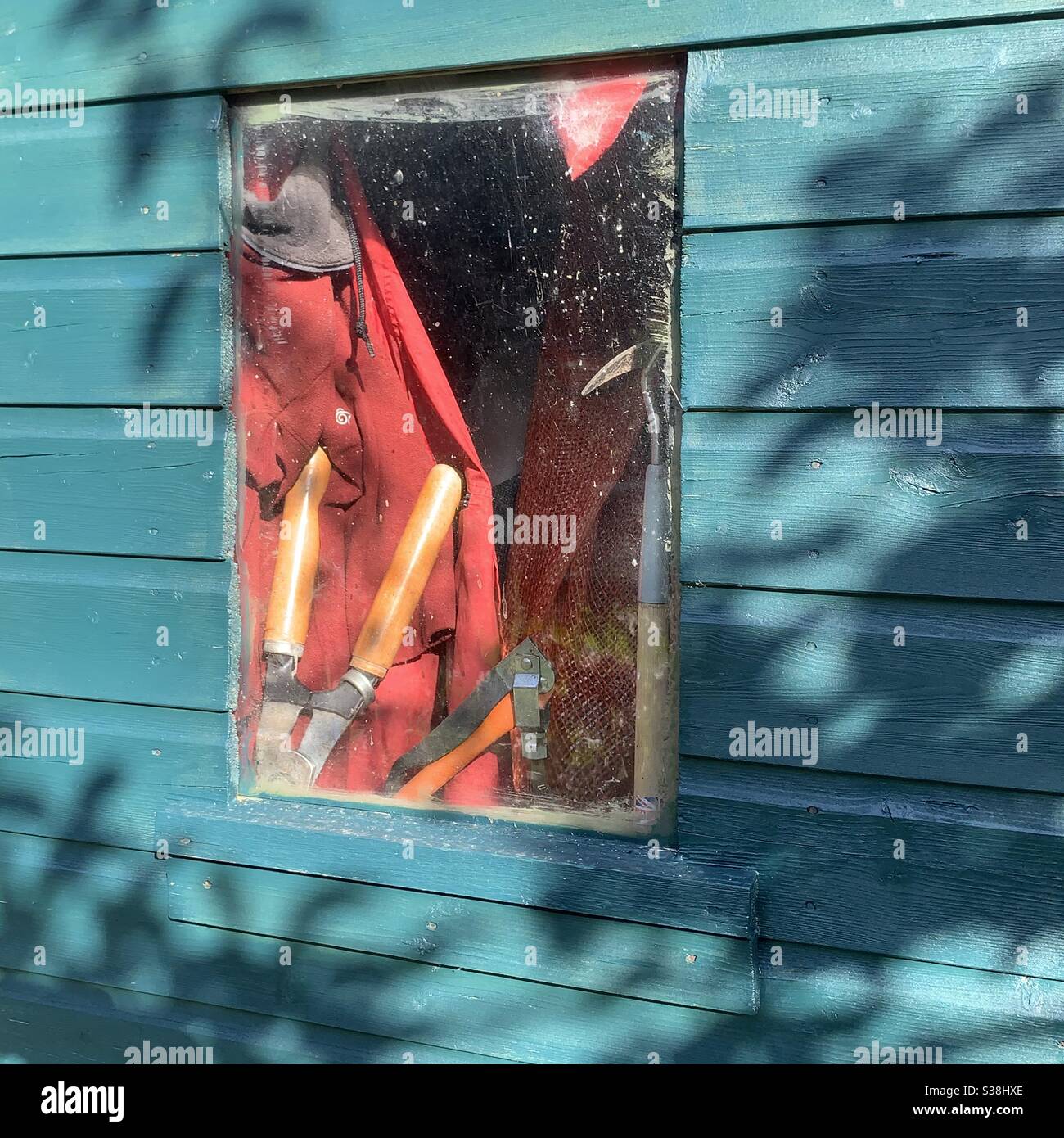 Gardeners tools seen through a window of a green coloured shed. - Smartphone Captured Stock Image