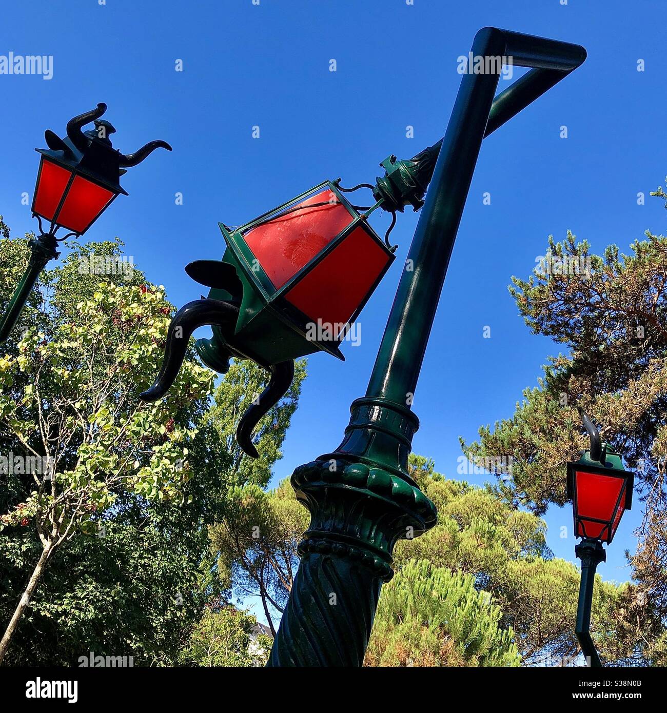 “Drunk lamp posts” at the Nantes city camping site, Nantes, Loire-Atlantique, France. - Smartphone Captured Stock Image