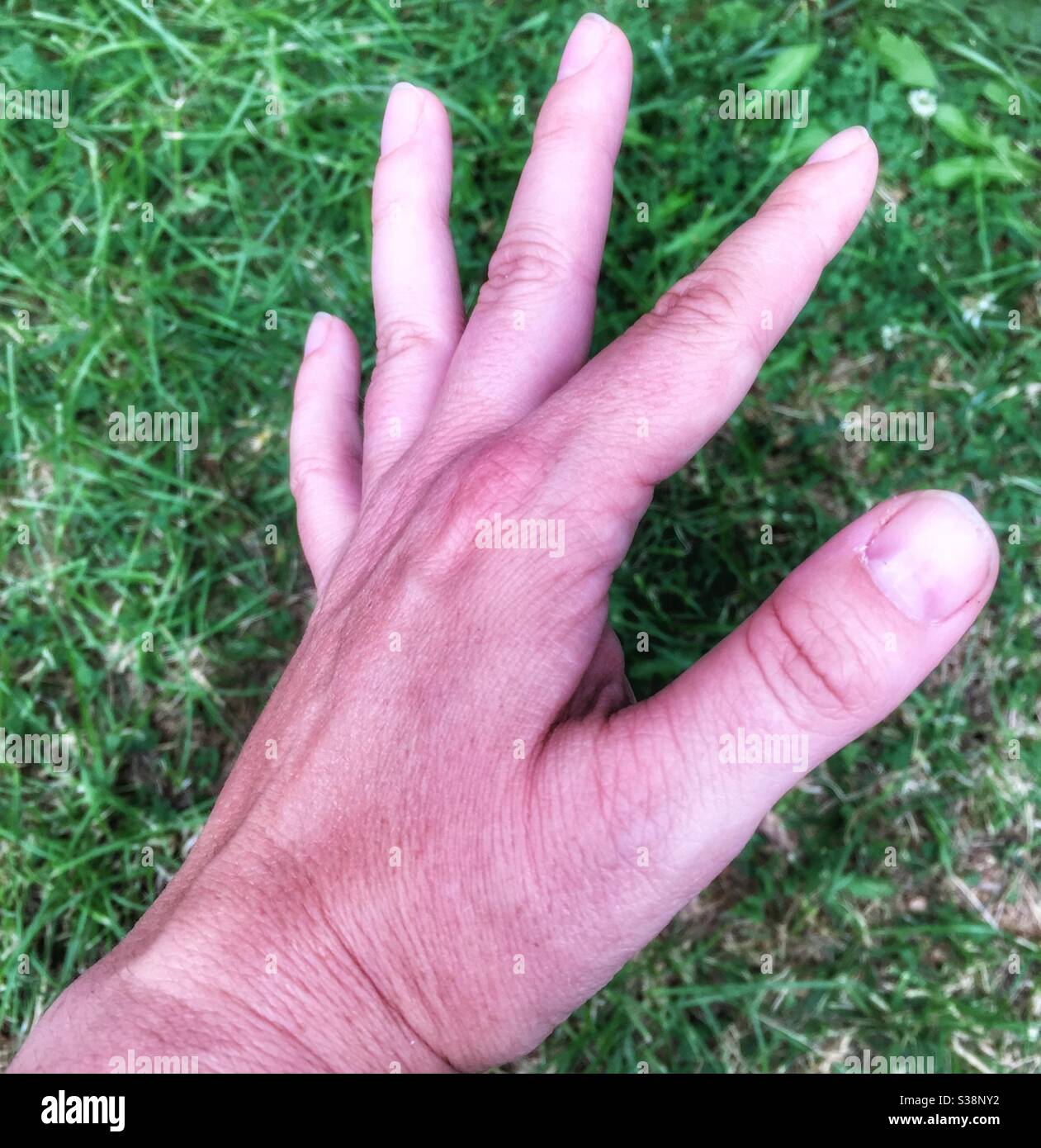 Right hand with grass background fingers seperate - Smartphone Captured Stock Image
