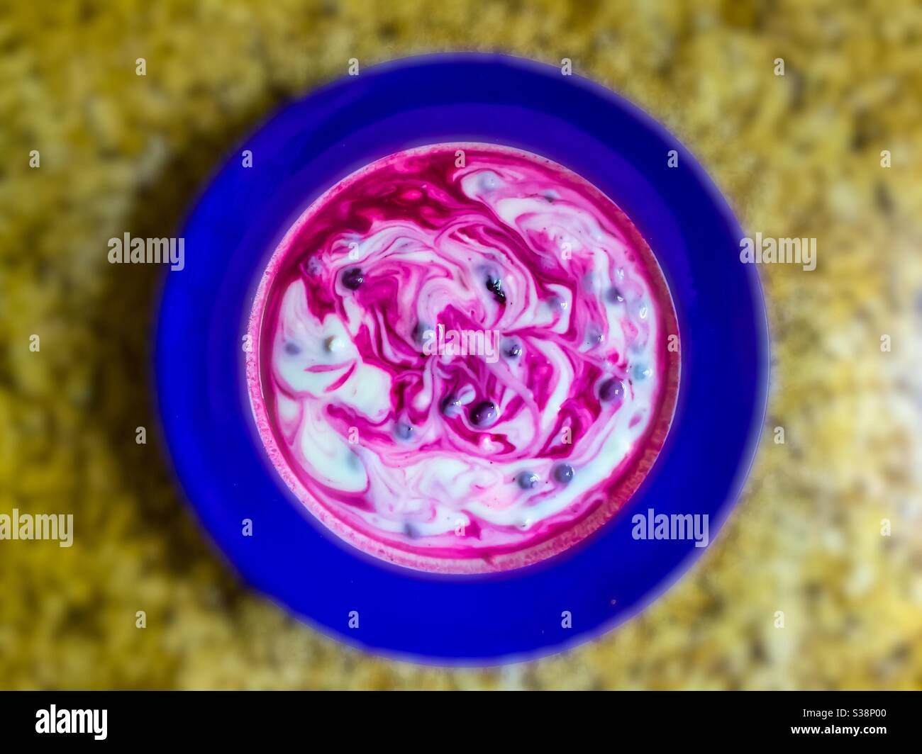 Health food, yogurt with fresh wild blueberries in a round bowl, ready to eat, quick breakfast and wholesome snack. - Smartphone Captured Stock Image