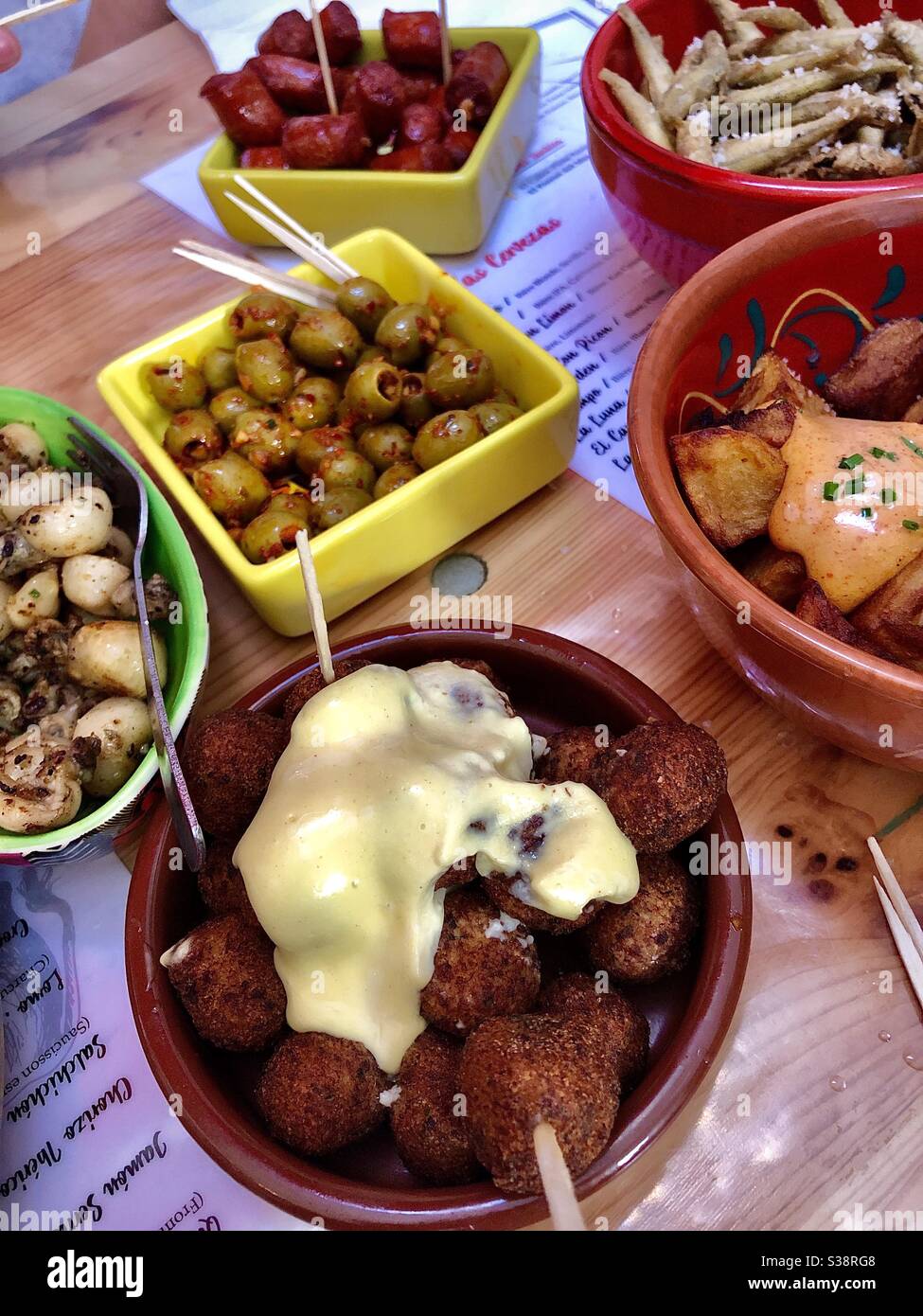 Selection of Spanish « Tapa » or Tapas appetizers. Stock Photo