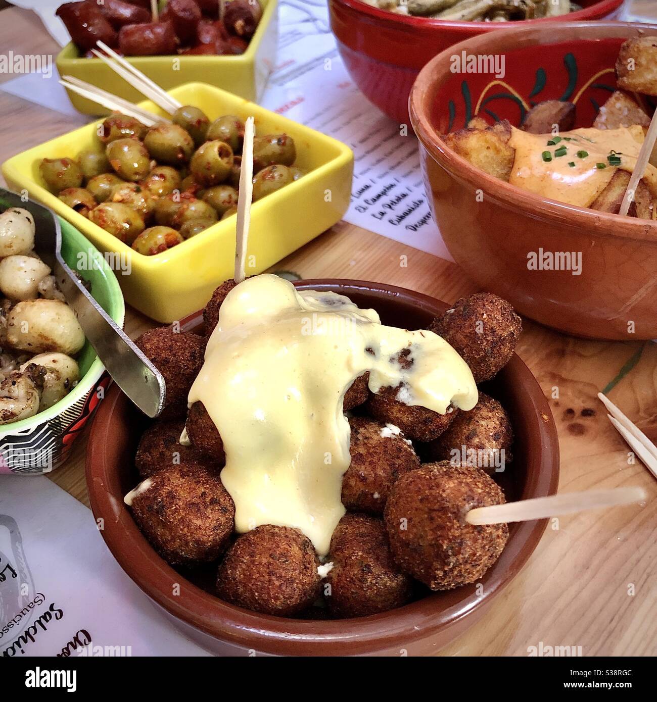 Selection of Spanish « Tapa » or Tapas appetizers. Stock Photo