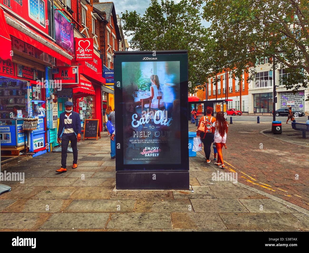 The Governments ‘eat out to help out’ scheme advertised in Lewisham as lockdown eases in London, England on Saturday August 8 2020 - Smartphone Captured Stock Image