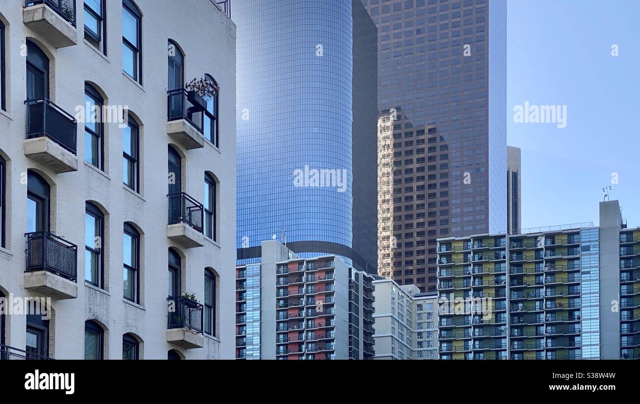 LOS ANGELES, CA, JUN 2020: commercial buildings, residential apartments, and office skyscrapers in the heart of Downtown - Smartphone Captured Stock Image