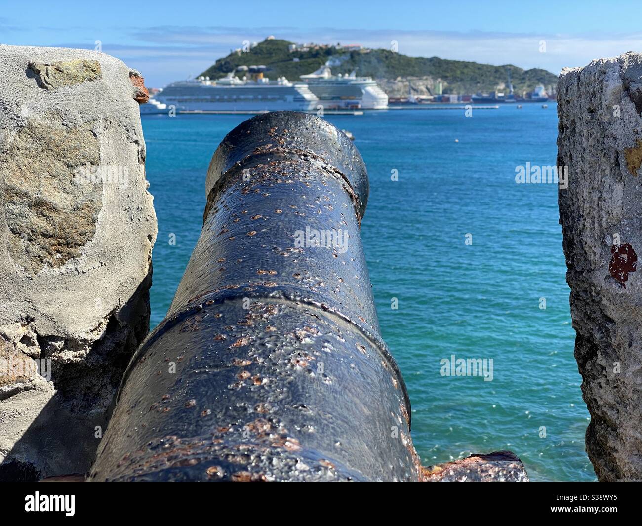 Cruise Ships in target of an old cannon - Smartphone Captured Stock Image