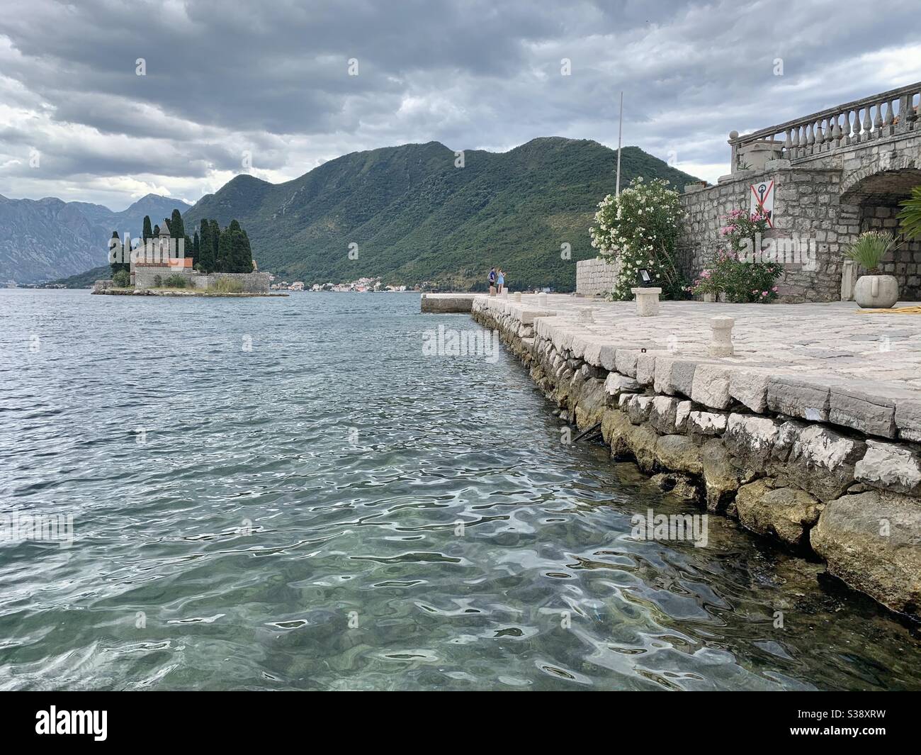 View from islet to Perast our lady of the rocks - Smartphone Captured Stock Image
