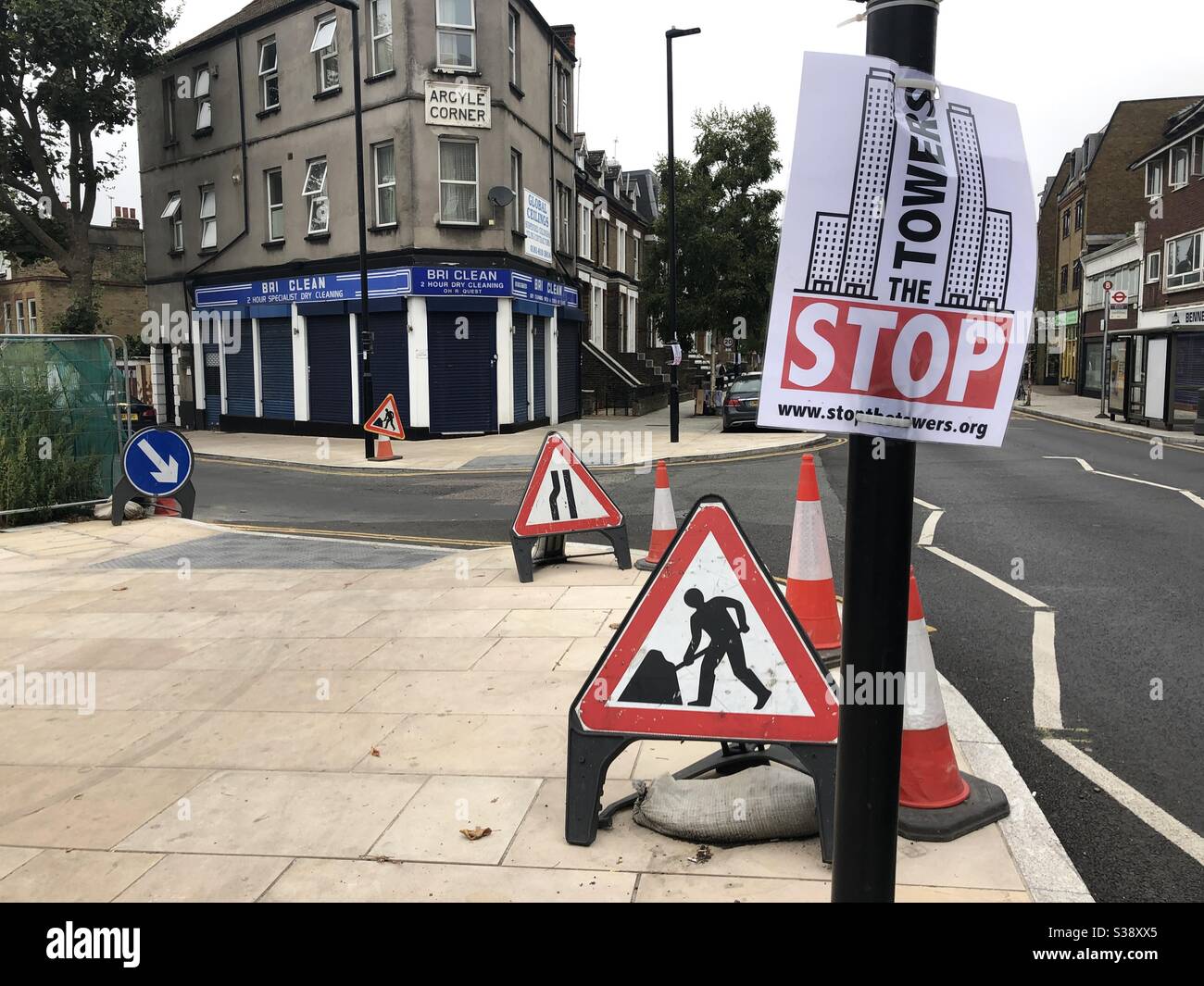 Stop tower protest sign  in west Ealing of west London England - Smartphone Captured Stock Image