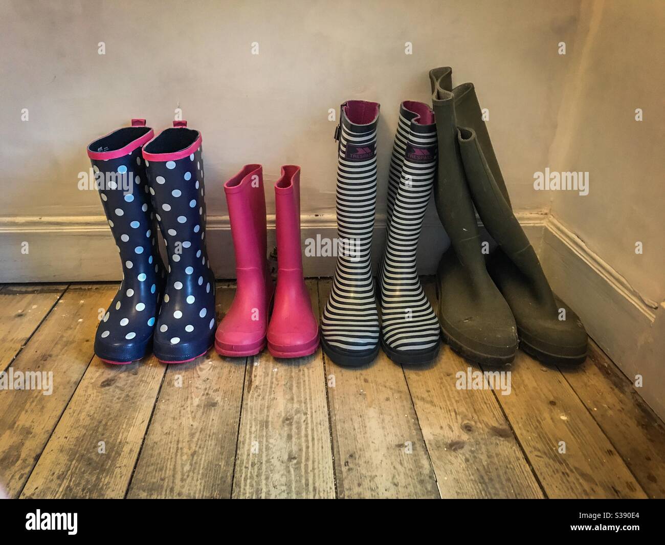 Four pairs of Wellington boots Stock Photo - Alamy