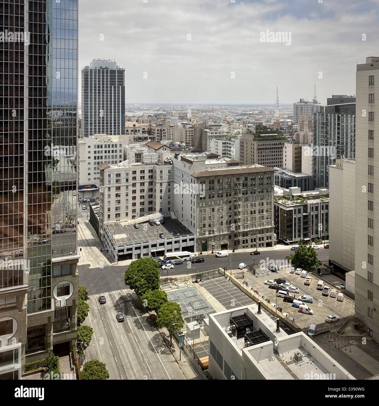 LOS ANGELES, CA, JUN 2020: view looking down from high vantage point in Downtown, across south east side of Los Angeles - Smartphone Captured Stock Image