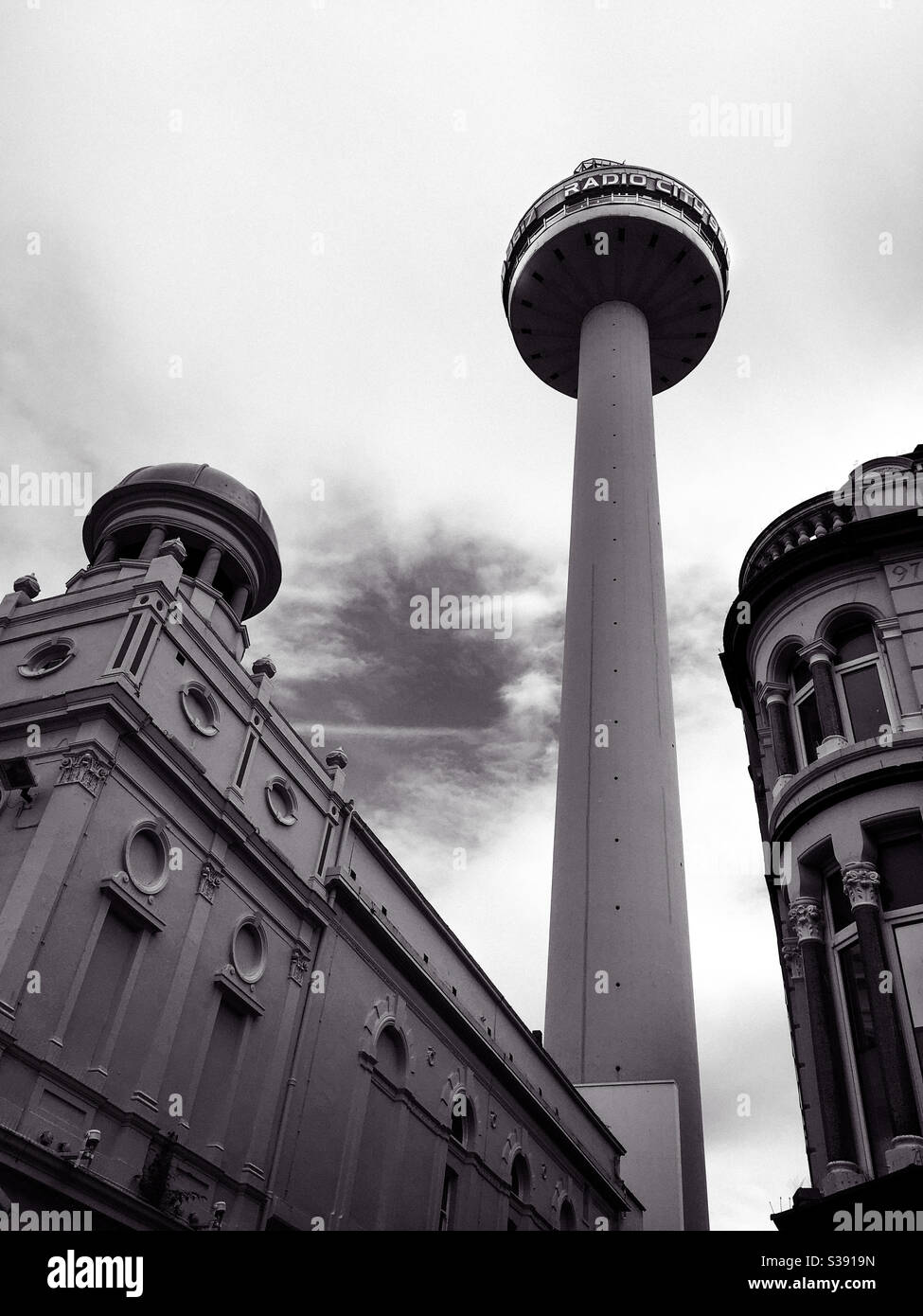Black and white photo of Radio City tower from below. Liverpool, United Kingdom - Smartphone Captured Stock Image