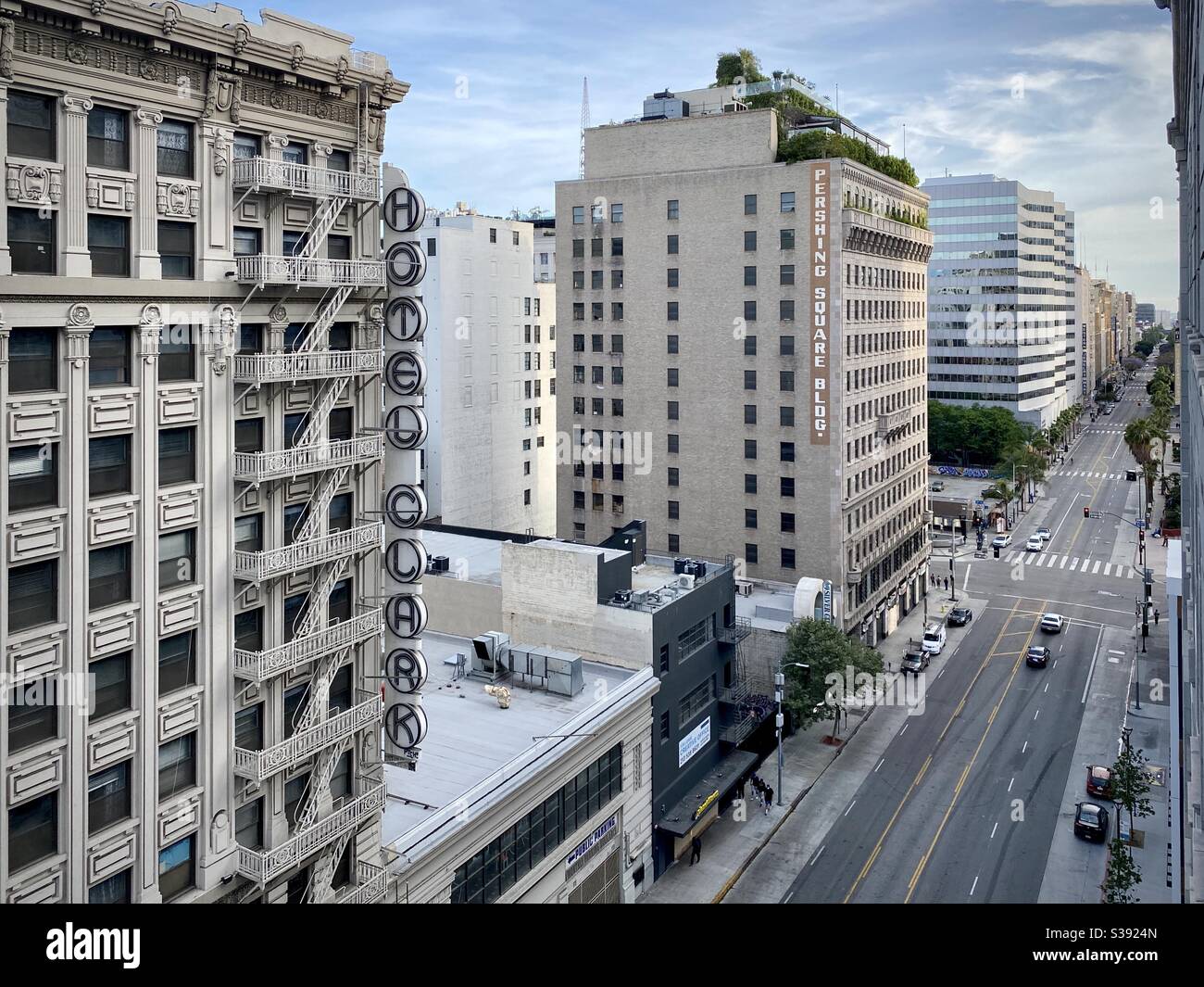 LOS ANGELES, CA, JUN 2020: view looking south at hotels, apartments and retail businesses, seen from high angle on Hill Street in Downtown - Smartphone Captured Stock Image