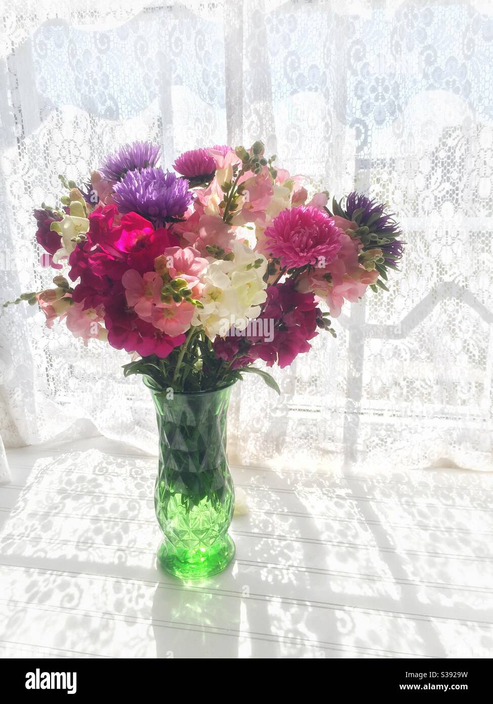 Bouquet of snapdragons and asters in a glass vase with a background of a window with a lace curtain. - Smartphone Captured Stock Image