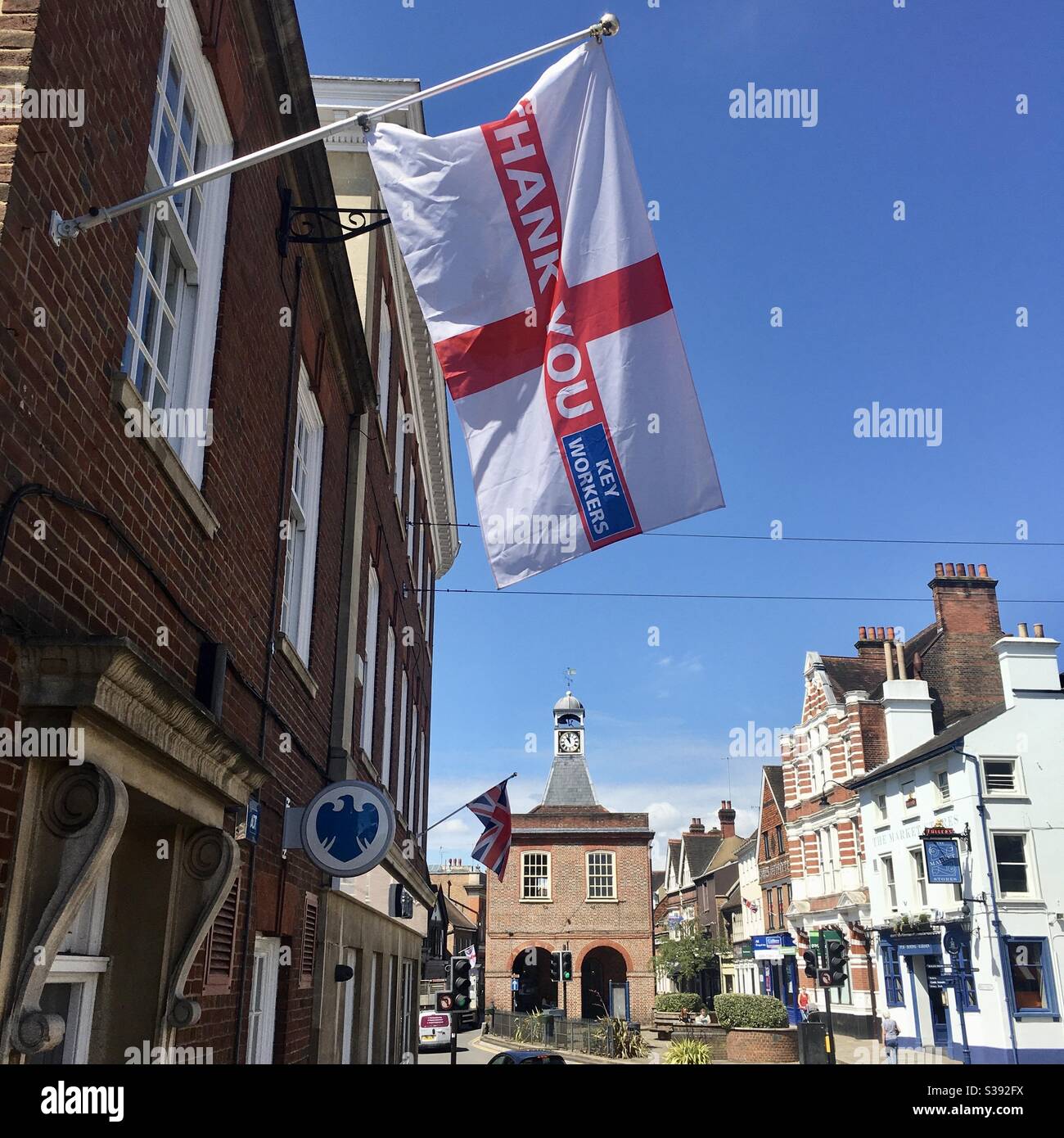 Thank You Key Workers Flag and Reigate High Street during the Coronavirus pandemic in Reigate Surrey  England uK Stock Photo