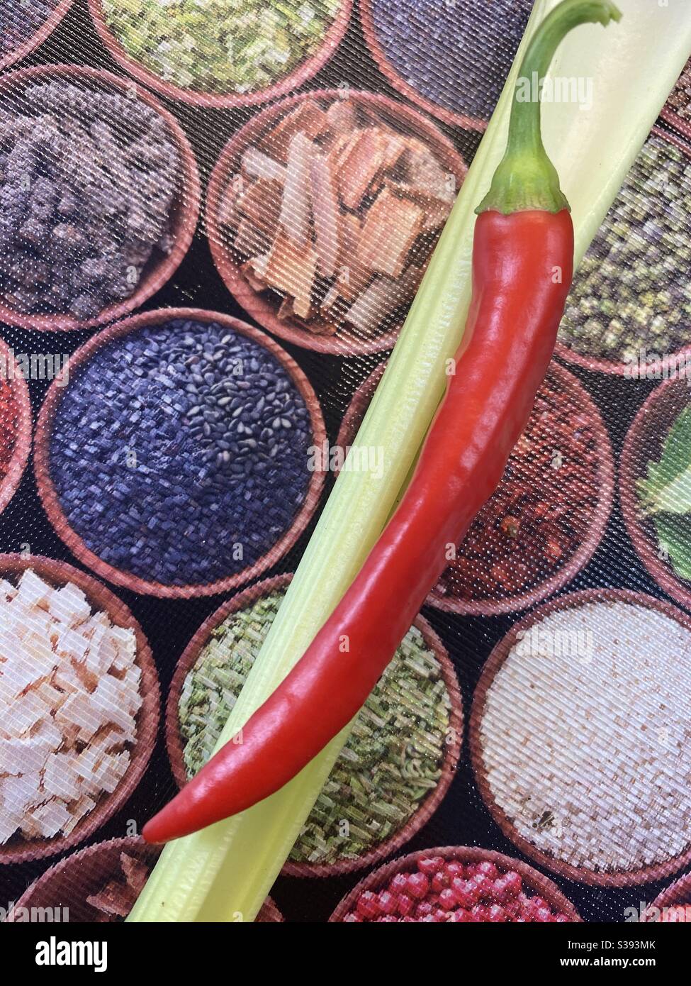Dried and Fresh! Hot Red Chilli on Celery - Smartphone Captured Stock Image