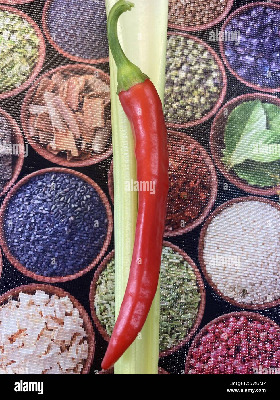 Dried Herbs and Spices With celery and home grown red hot Chilli Pepper - Smartphone Captured Stock Image