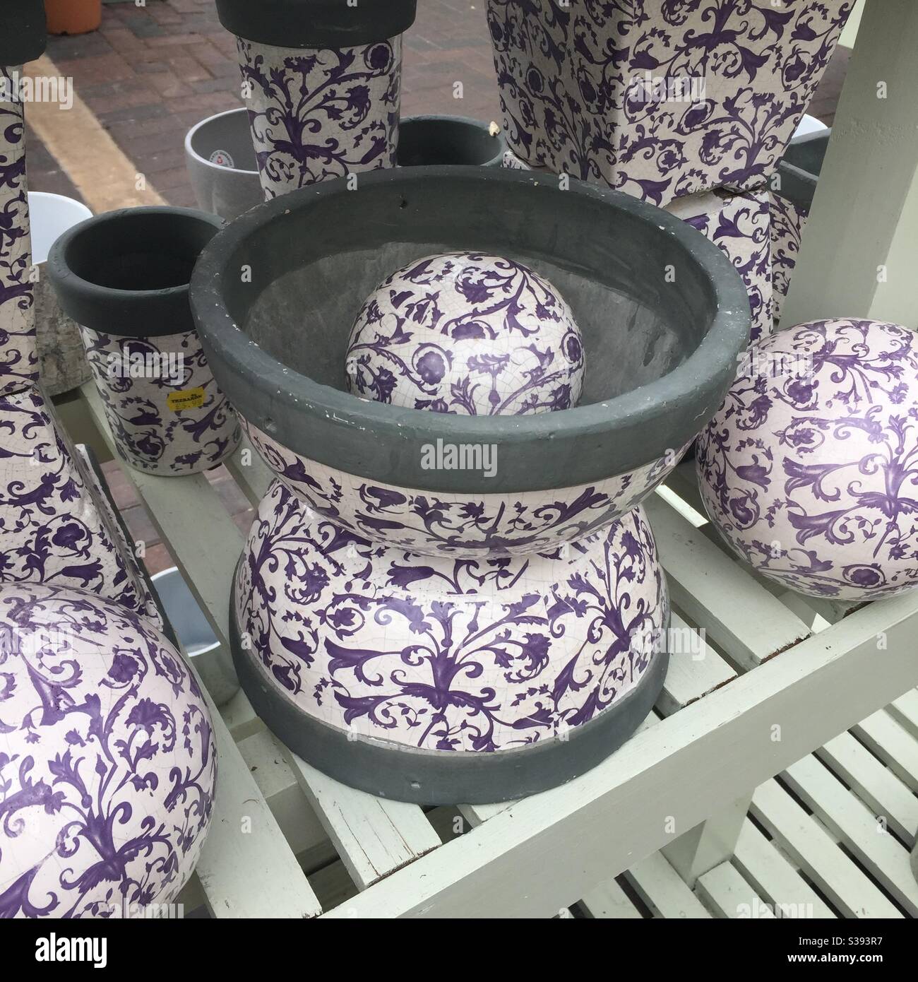 garden pots in blue and white for sale at garden centre Stock Photo Alamy