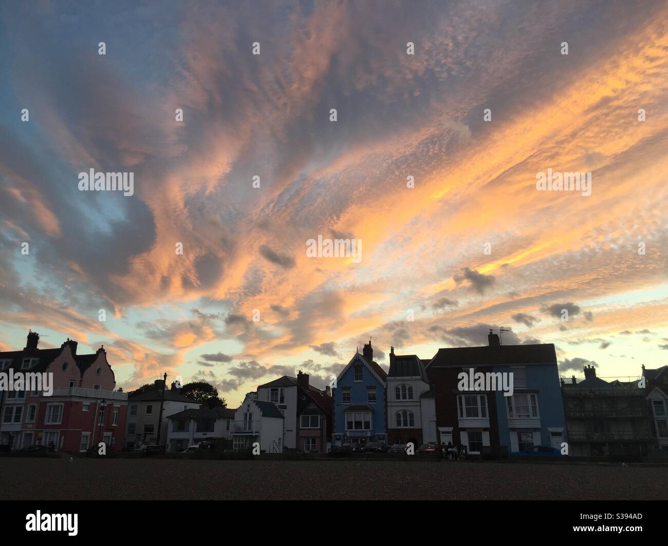 Aldeburgh, Suffolk. Sunset above sea front - Smartphone Captured Stock Image