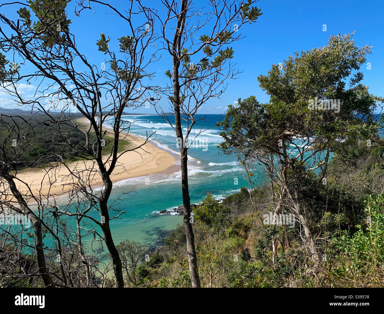 Seascape, The Aquamarine colours of Aussie beach and bush on a blue sky Winter’s day - Smartphone Captured Stock Image