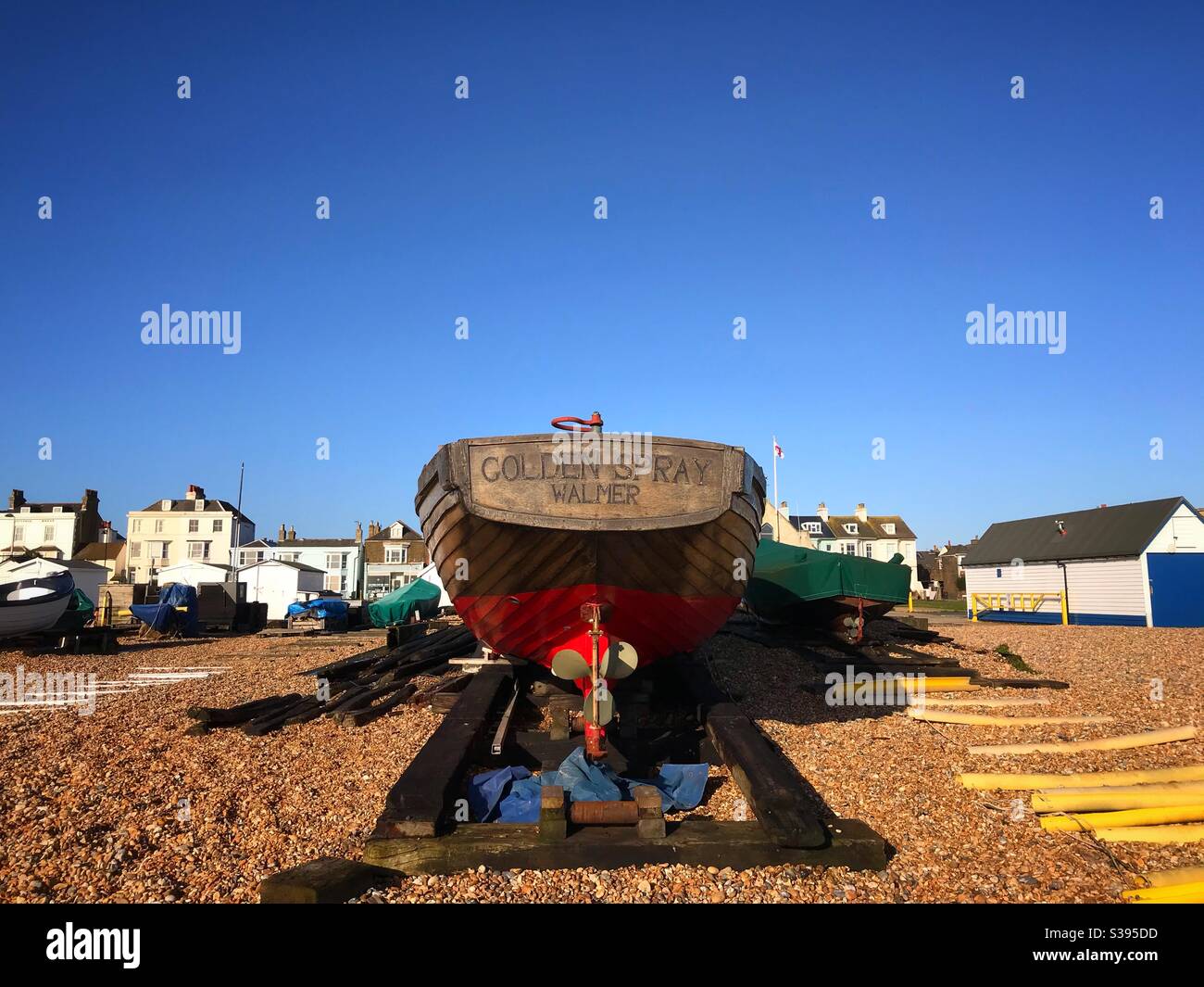 Fishing boat called Golden Spray moored on the beach at Walmer Deal Kent UK - Smartphone Captured Stock Image