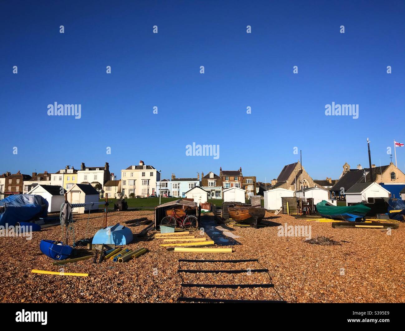 Fishing boats moored on the beach at Walmer Deal Kent UK - Smartphone Captured Stock Image